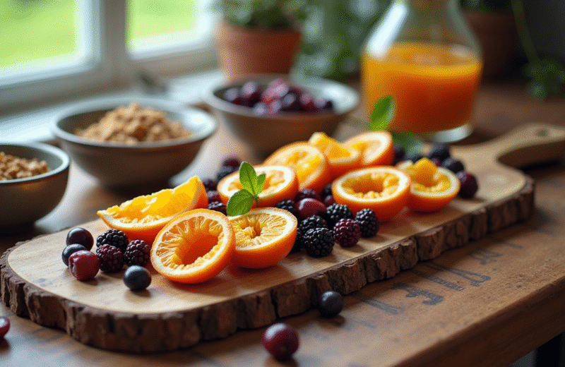 Table de petit déjeuner avec fruits exotiques et compote