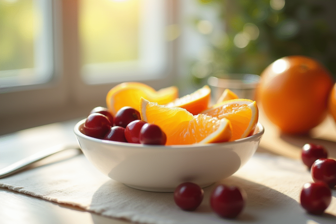 Table petit-dejeuner avec tamarillo et tangerines