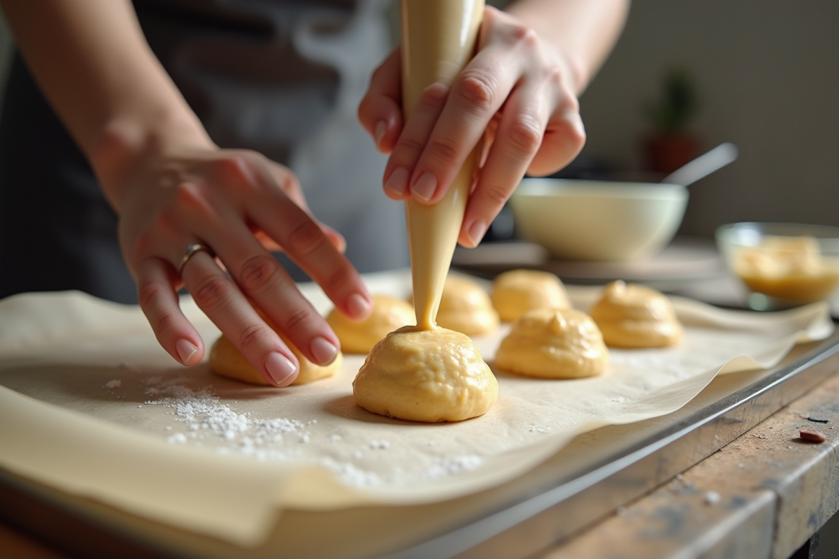 Pâtissier piping pâte à chou sur une plaque à pâtisserie