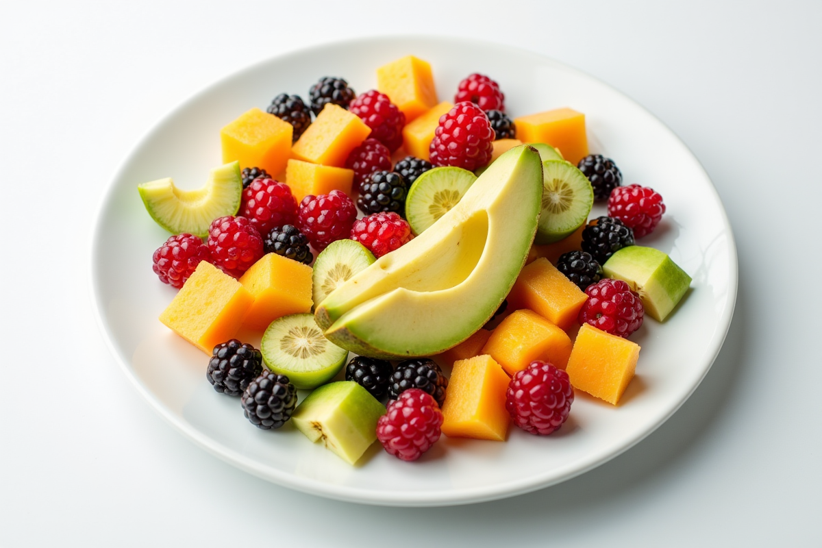 Assiette blanche avec fruits tranchés hawthorn et huckleberry