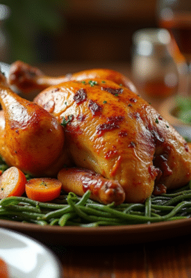 Poulet rôti doré sur une table en bois avec légumes