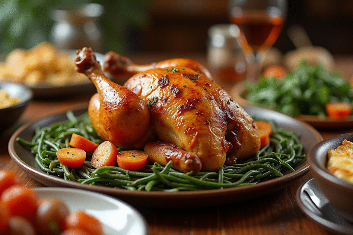 Poulet rôti doré sur une table en bois avec légumes