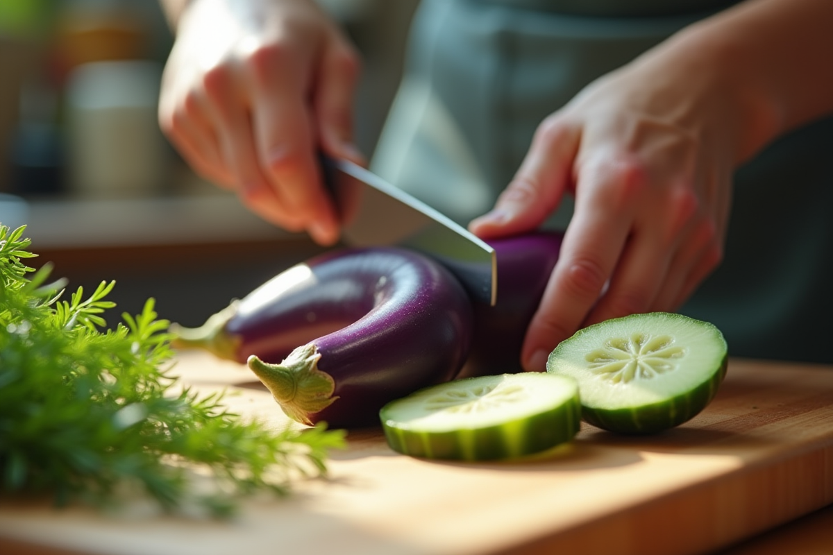 Mains coupant un aubergine dans une cuisine chaleureuse