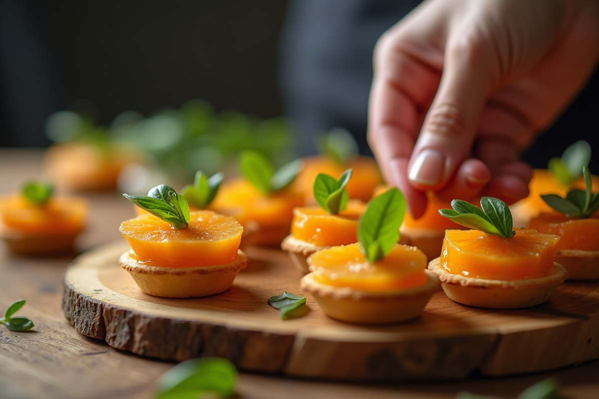 Chef arrangeant tartlets tropicaux avec fruits frais