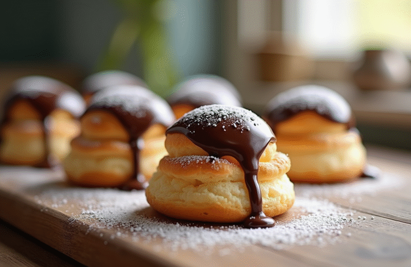 Profiteroles fraîchement faites avec sauce chocolat et sucre glace