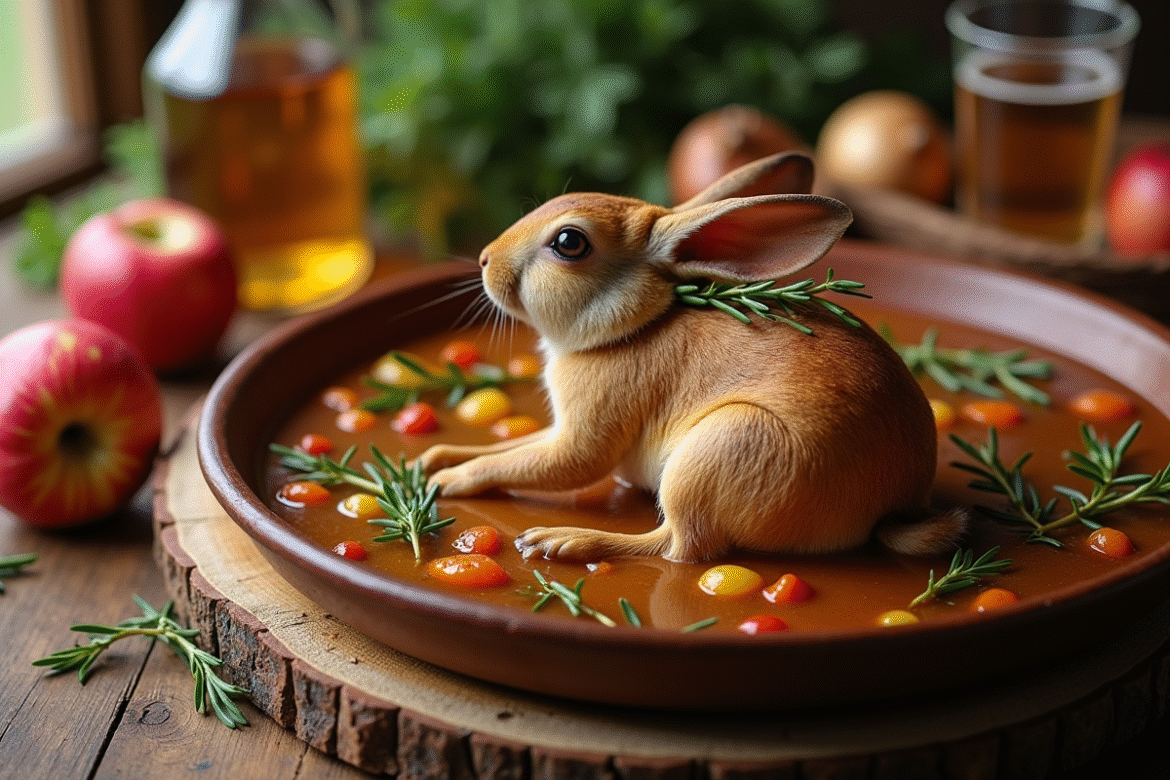 Ragoût de lapin au cidre sur table rustique