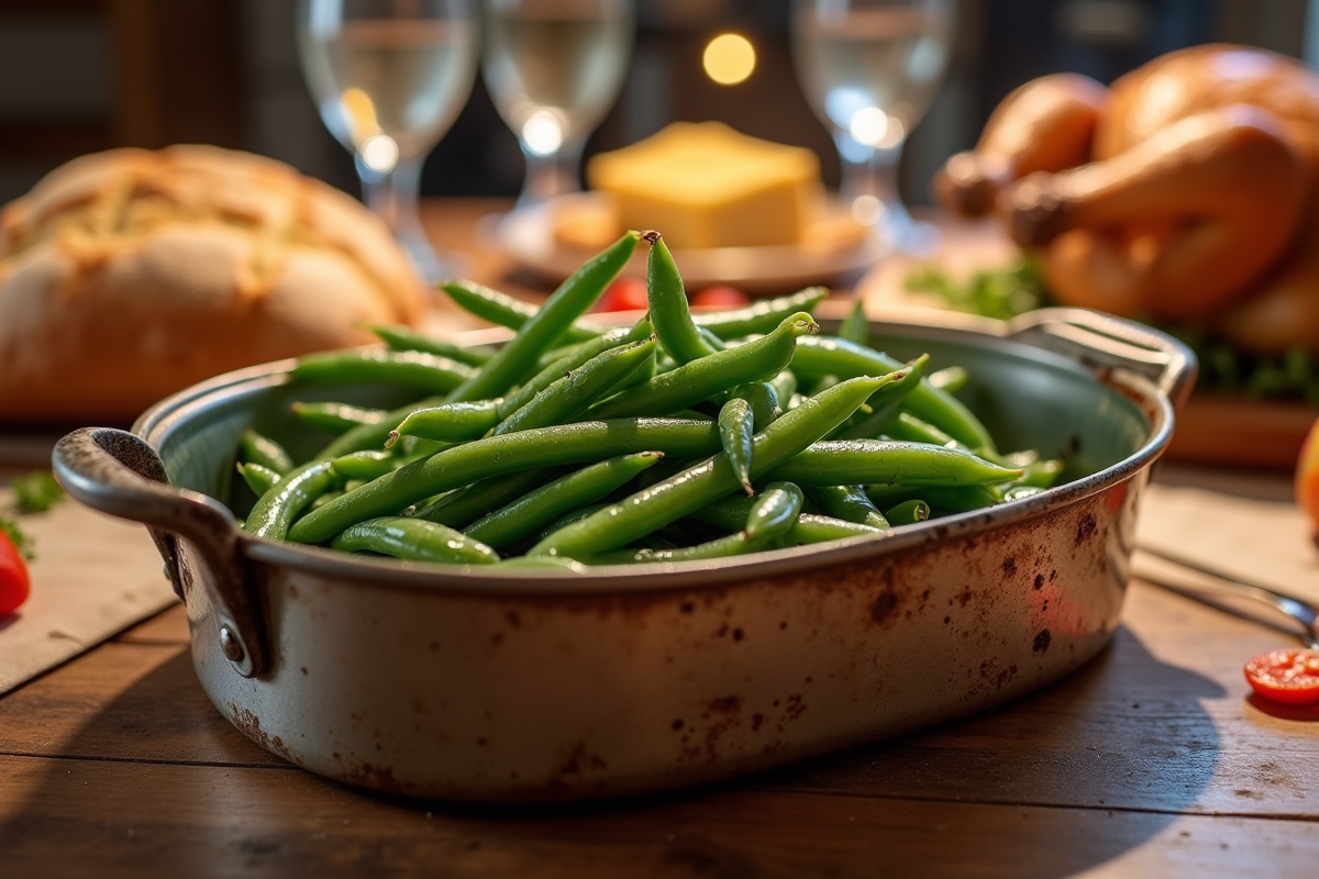 Repas de famille avec haricots verts cuits et plats appétissants