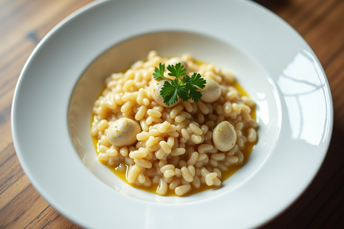 Assiette de risotto aux girolles et persil frais en gros plan