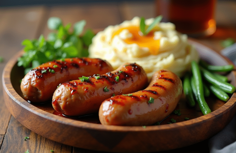 Boudin blanc grillé servi sur une assiette en bois rustique avec purée