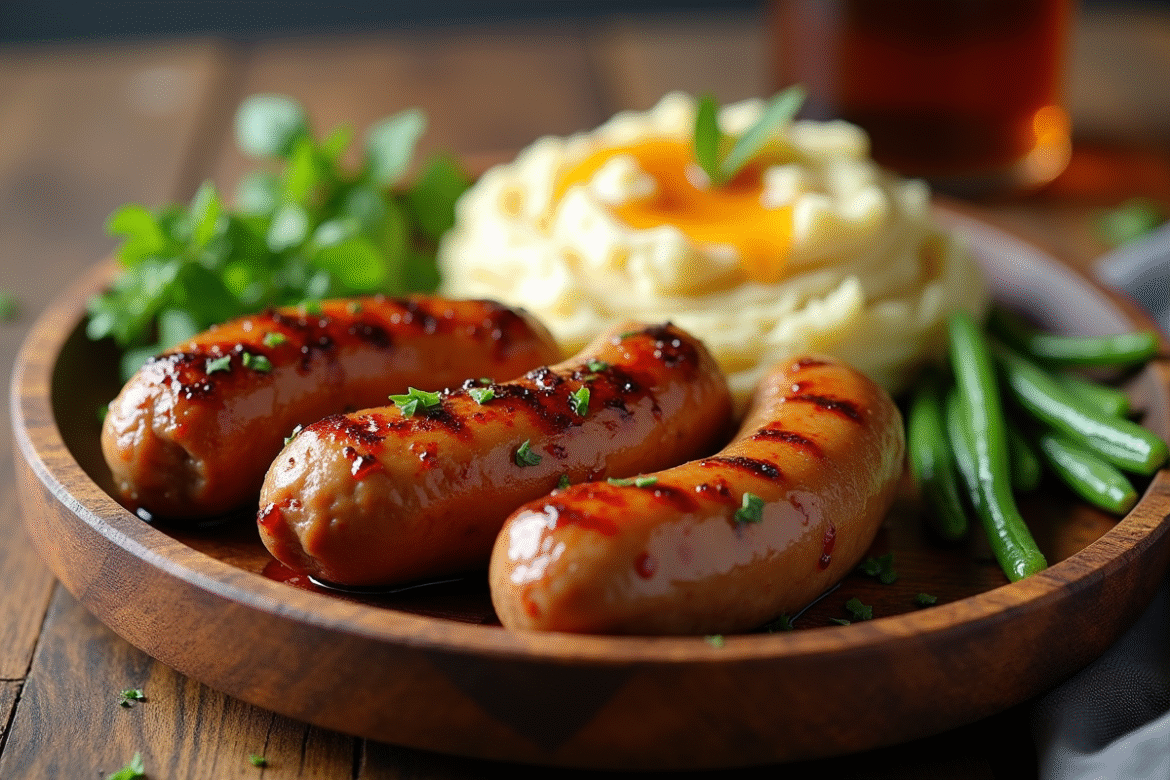 Boudin blanc grillé servi sur une assiette en bois rustique avec purée