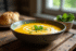 Bol de soupe de zucchini jaune sur table en bois rustique