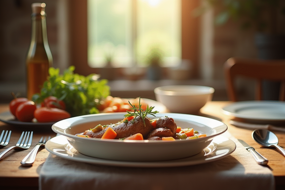 Table de déjeuner avec civet de lapin traditionnel