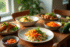 Repas familial avec plats colorés et légumes frais