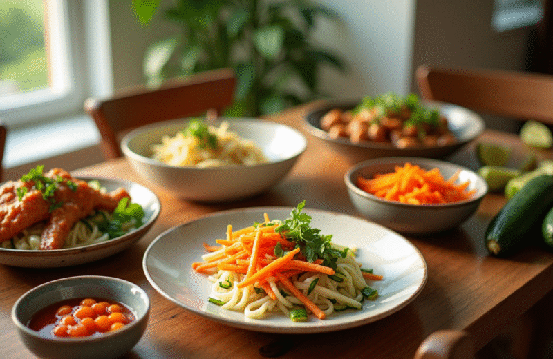 Repas familial avec plats colorés et légumes frais