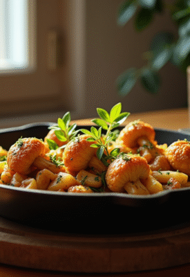 Table rustique avec girolles dorées et herbes fraîches