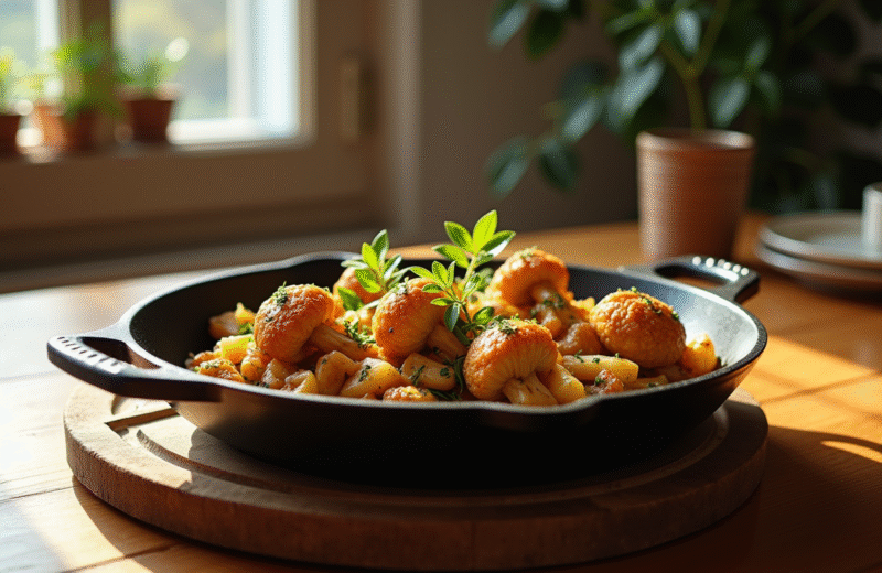 Table rustique avec girolles dorées et herbes fraîches