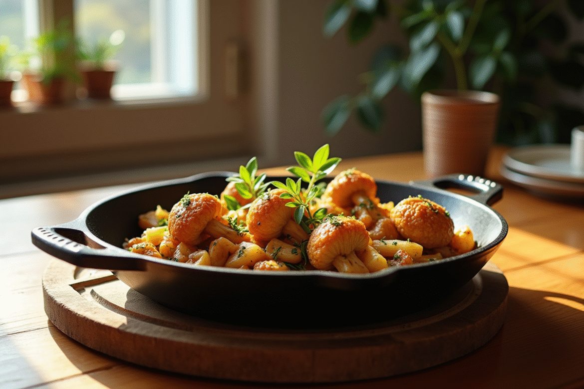 Table rustique avec girolles dorées et herbes fraîches