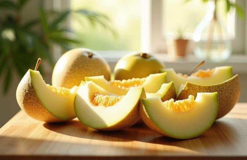 Table en bois avec melon miel et horned melon frais