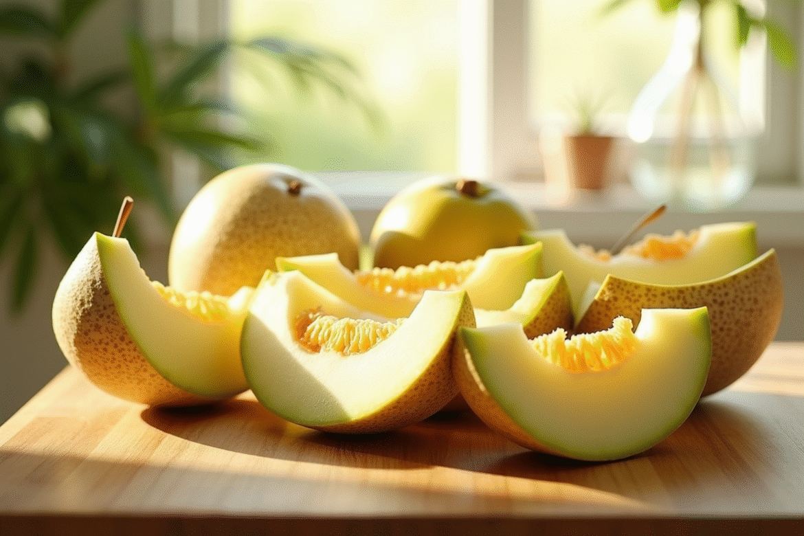 Table en bois avec melon miel et horned melon frais