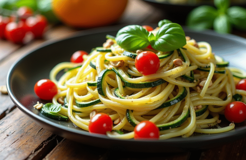 Assiette de tagliatelle de courgette avec tomates cerises et basilic