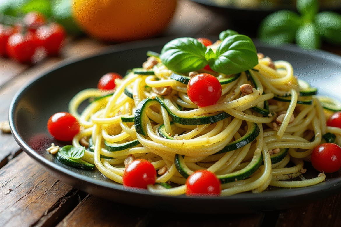 Assiette de tagliatelle de courgette avec tomates cerises et basilic