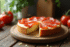 Tarte au chorizo et fromage de chèvre tranchée sur une table en bois