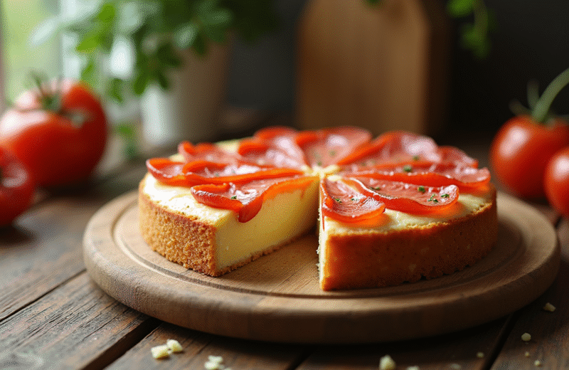 Tarte au chorizo et fromage de chèvre tranchée sur une table en bois