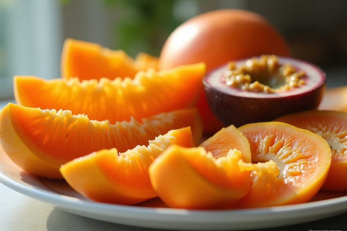 Tranches de papaye passion et persimmon sur assiette