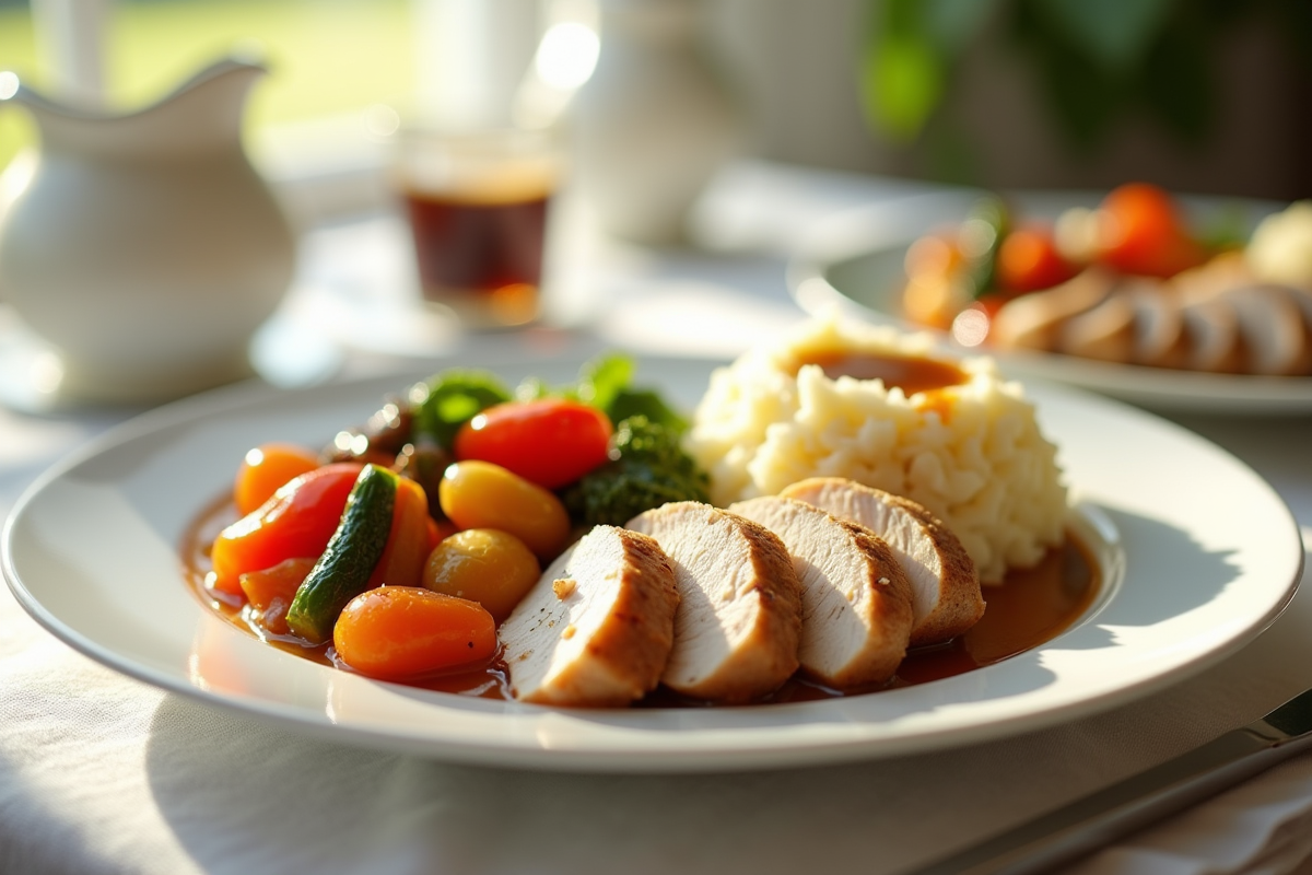 Tranches de poulet avec légumes colorés et purée