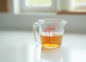 Verre mesureur rempli à 60 ml sur plan de travail blanc