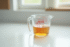 Verre mesureur rempli à 60 ml sur plan de travail blanc