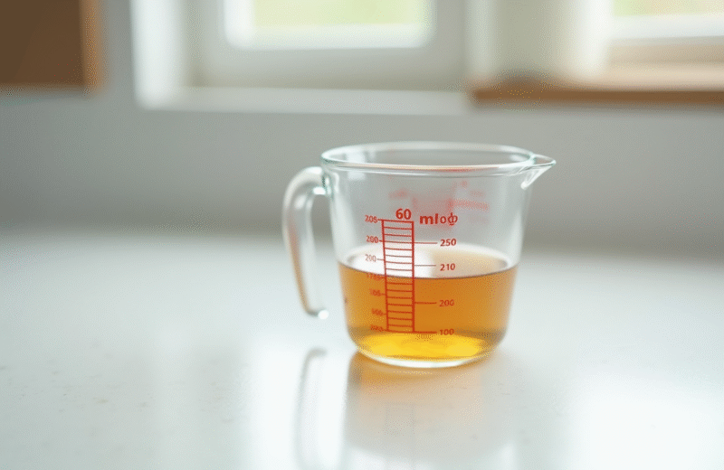 Verre mesureur rempli à 60 ml sur plan de travail blanc