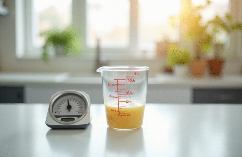 Verre mesureur rempli jusqu a 40 cl sur plan de travail