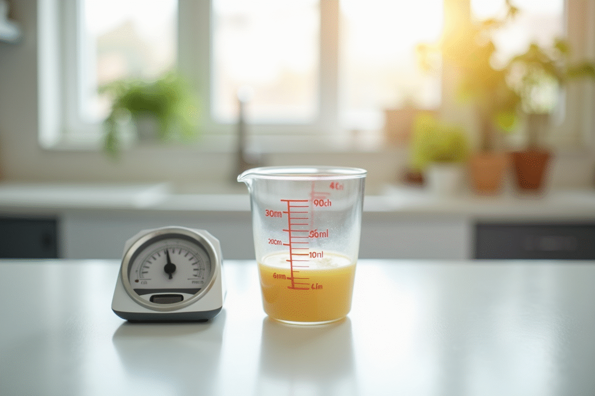Verre mesureur rempli jusqu a 40 cl sur plan de travail