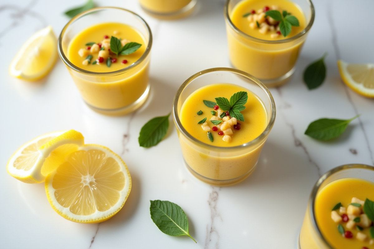 Petits verres de gazpacho de courgette sur plan de travail blanc