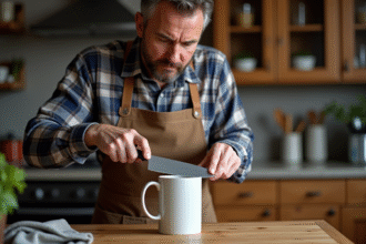 Homme d'âge moyen affûtant un couteau de cuisine dans une cuisine chaleureuse