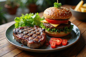Assiette avec steak grillé et burger végétal sur table en bois
