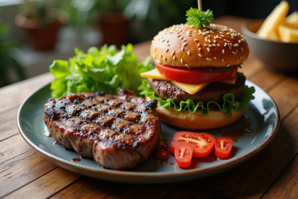 Assiette avec steak grillé et burger végétal sur table en bois
