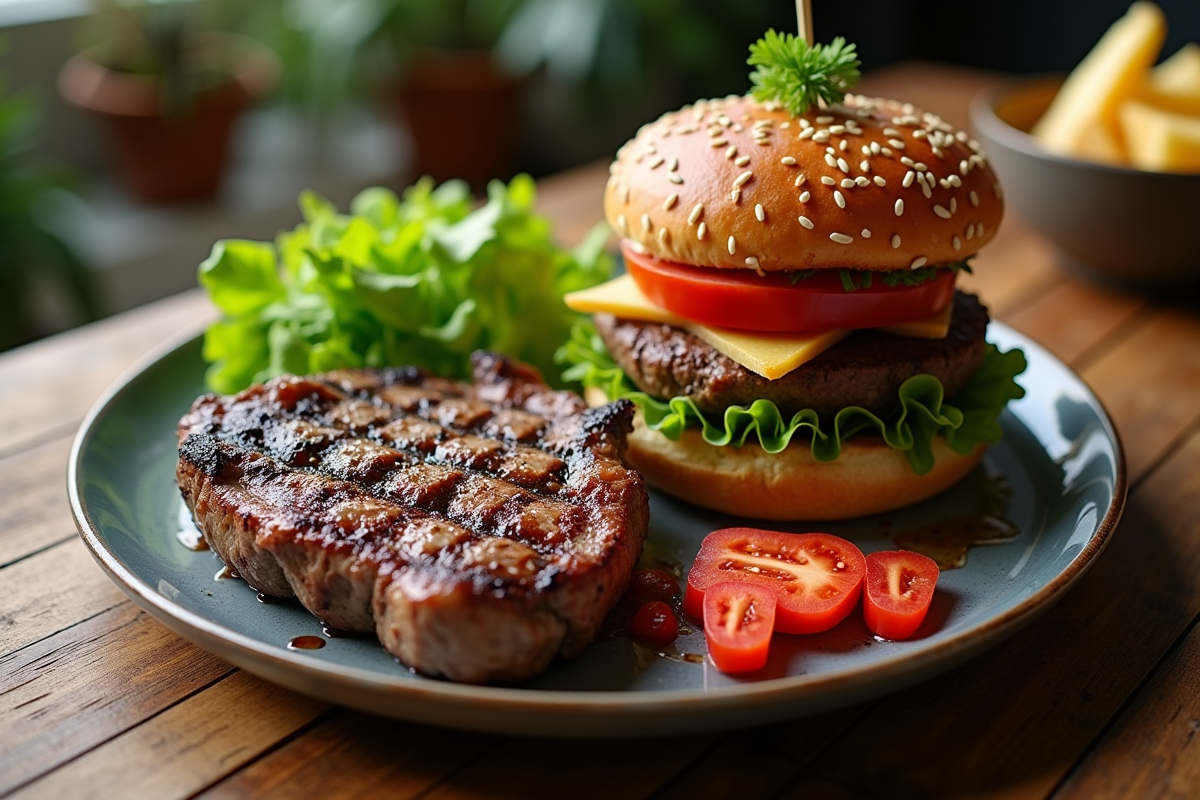 Assiette avec steak grillé et burger végétal sur table en bois