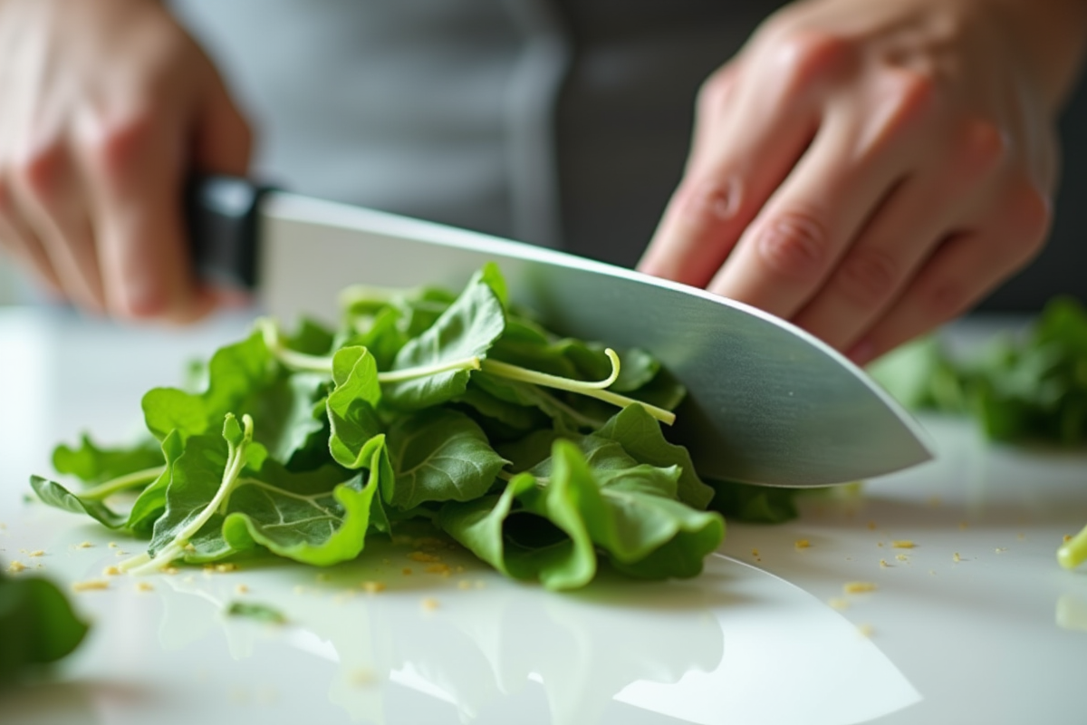 Main coupant des légumes verts avec un couteau nakiri