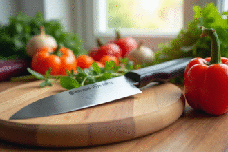 Couteau nakiri sur planche en bois avec légumes colorés