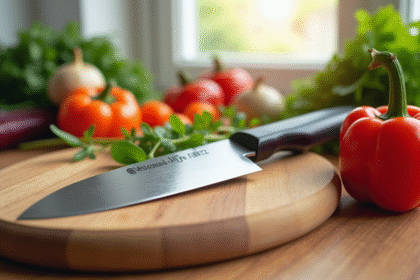 Couteau nakiri sur planche en bois avec légumes colorés