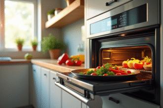 Cuisine moderne avec four vapeur ouvert légumes en vapeur