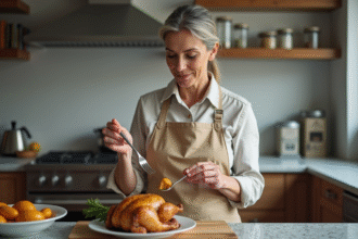 Femme en tablier beige vérifiant la cuisson du poulet