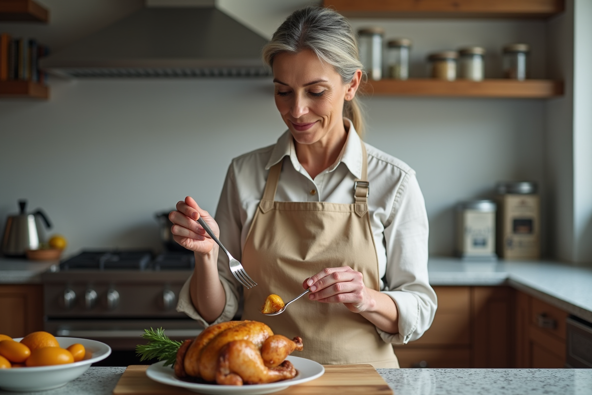 Femme en tablier beige vérifiant la cuisson du poulet