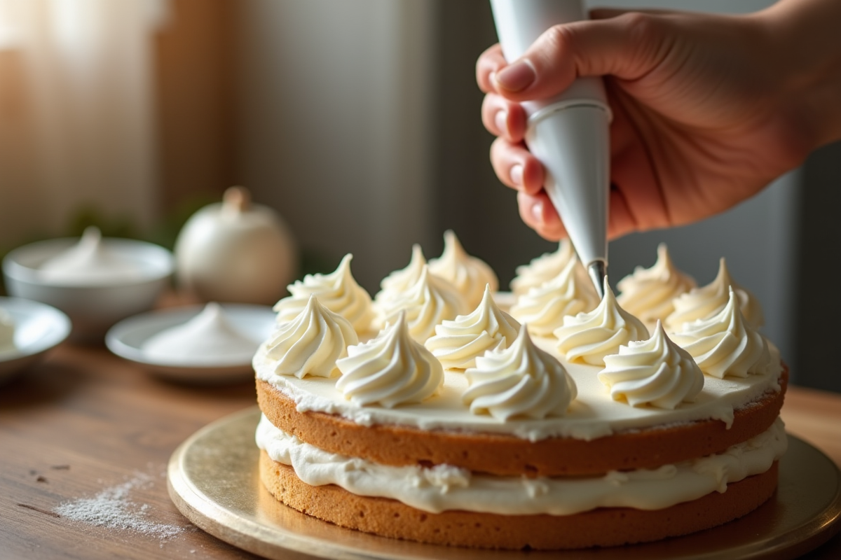 Main utilisant un siphon pour décorer un gâteau avec de la crème