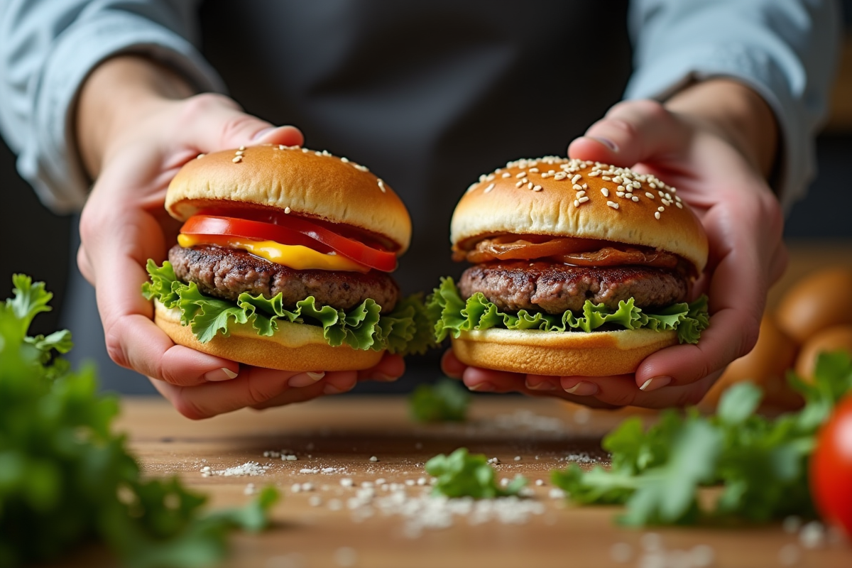 Deux mains tenant un burger classique et un burger végétal avec ingrédients frais