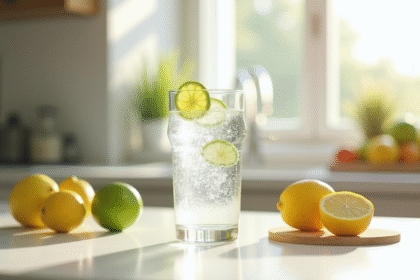 Verre d'eau gazeuse avec citron vert sur plan de cuisine lumineux