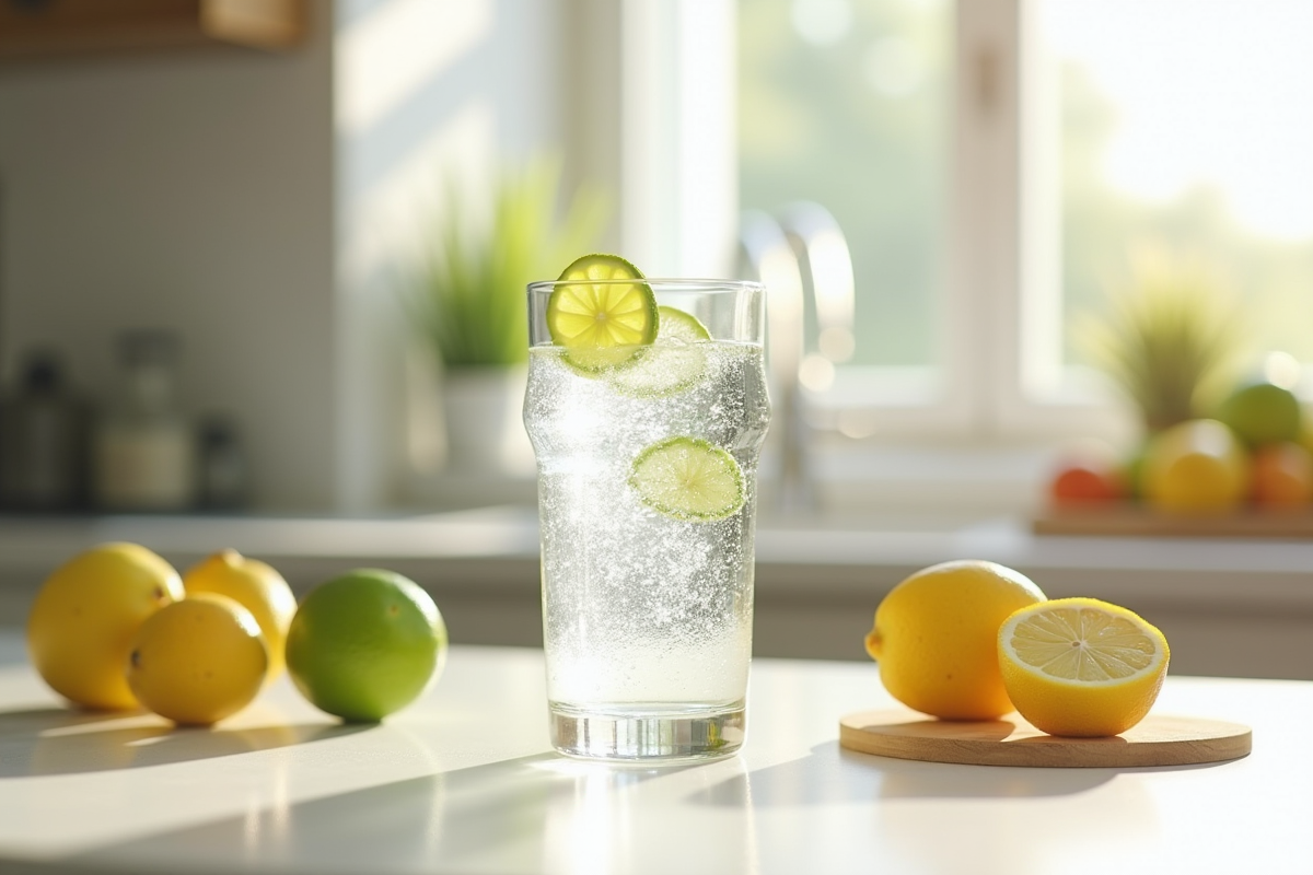 Verre d'eau gazeuse avec citron vert sur plan de cuisine lumineux