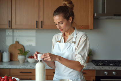 Femme utilisant un distributeur de creme fouettee en cuisine